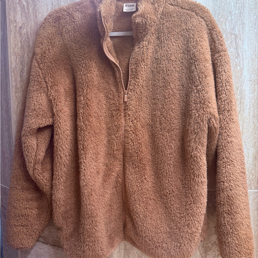 PINK Fuzzy Brown Zip-Up Jacket